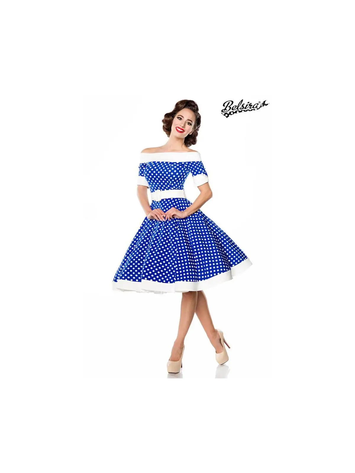 schulterfreies Swing-Kleid blau/weiß von Belsira