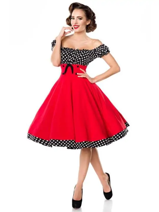 Schulterfreies Swing-Kleid Rot/Schwarz/Weiß von Belsira