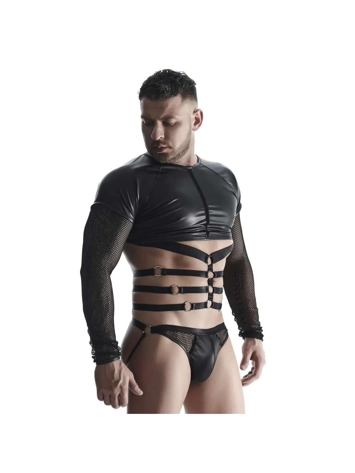 Herren Langarm-Shirt mit Harness Tsh019 Schwarz von Regnes Fetish Planet