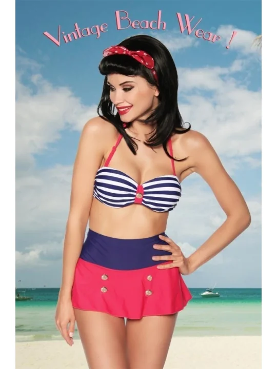 Vintage-Bandeau-Bikini blau/rot/weiß