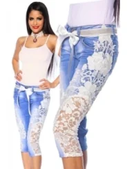 Capri-Jeans mit Spitze blau/creme