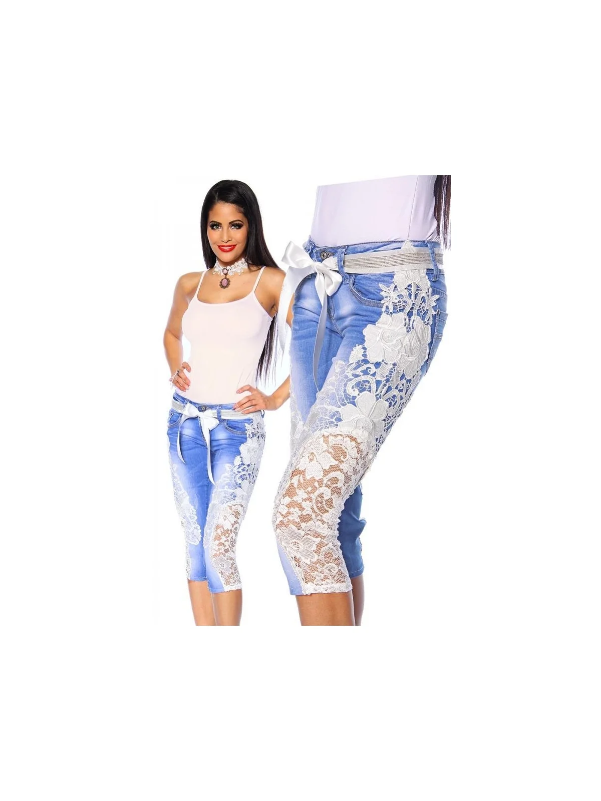 Capri-Jeans mit Spitze blau/creme