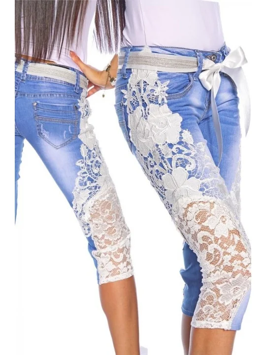 Capri-Jeans mit Spitze blau/creme