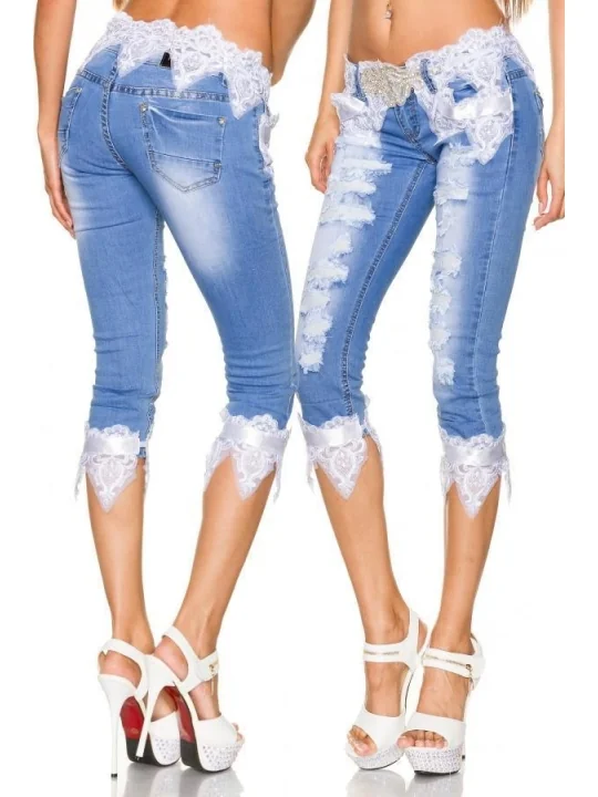 Capri-Jeans mit Spitze blau/weiß