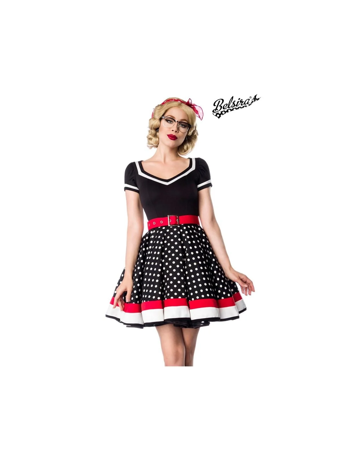 Kleid mit Gürtel schwarz/weiß/rot von Belsira