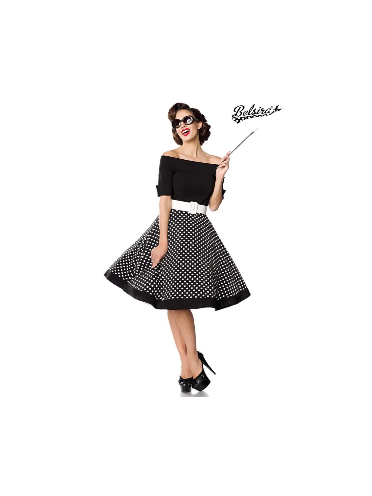 schulterfreies Swing-Kleid schwarz/weiß von Belsira