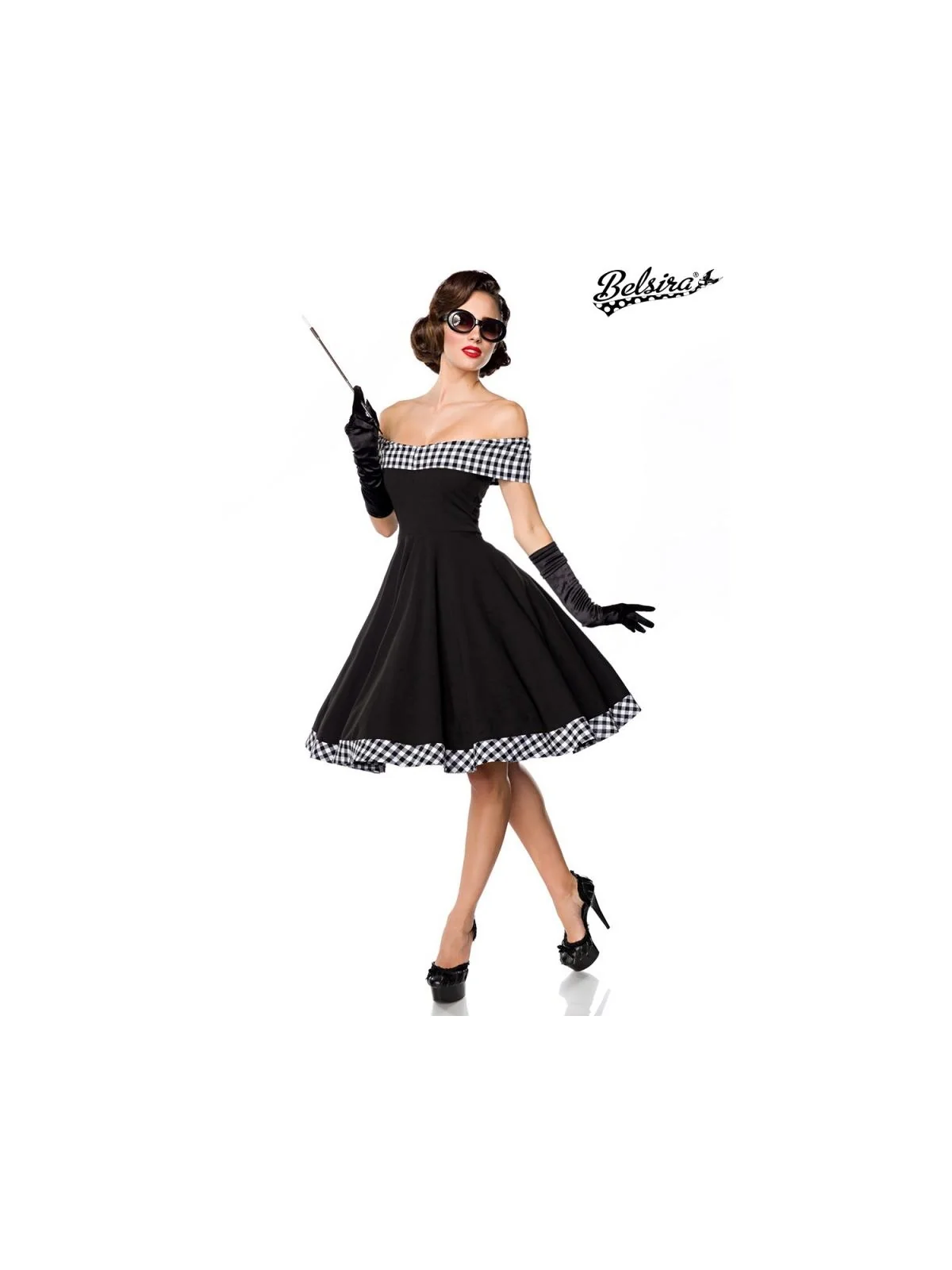 schulterfreies Swing-Kleid schwarz/weiß von Belsira