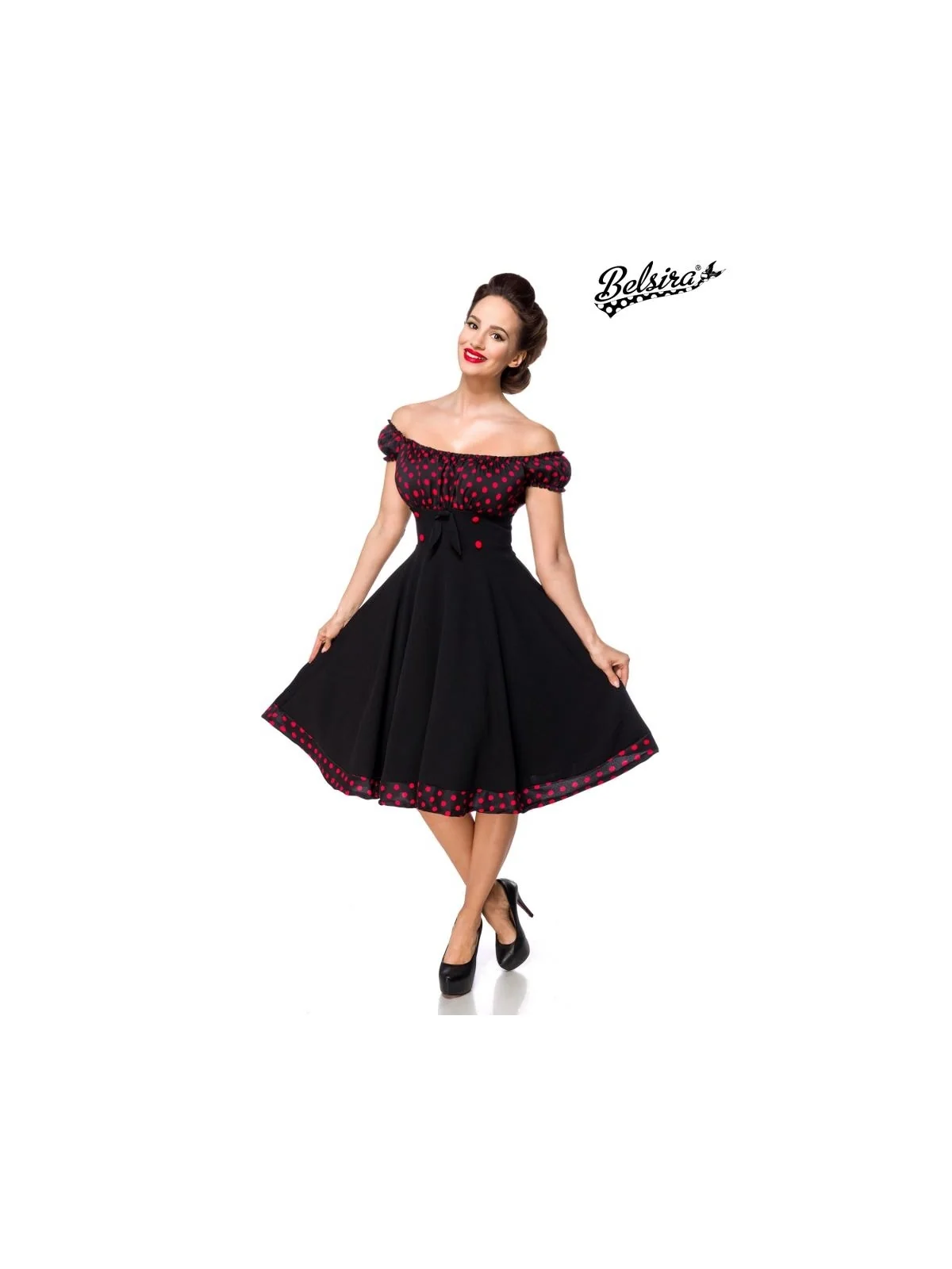 Schulterfreies Swing-Kleid Schwarz/Rot von Belsira