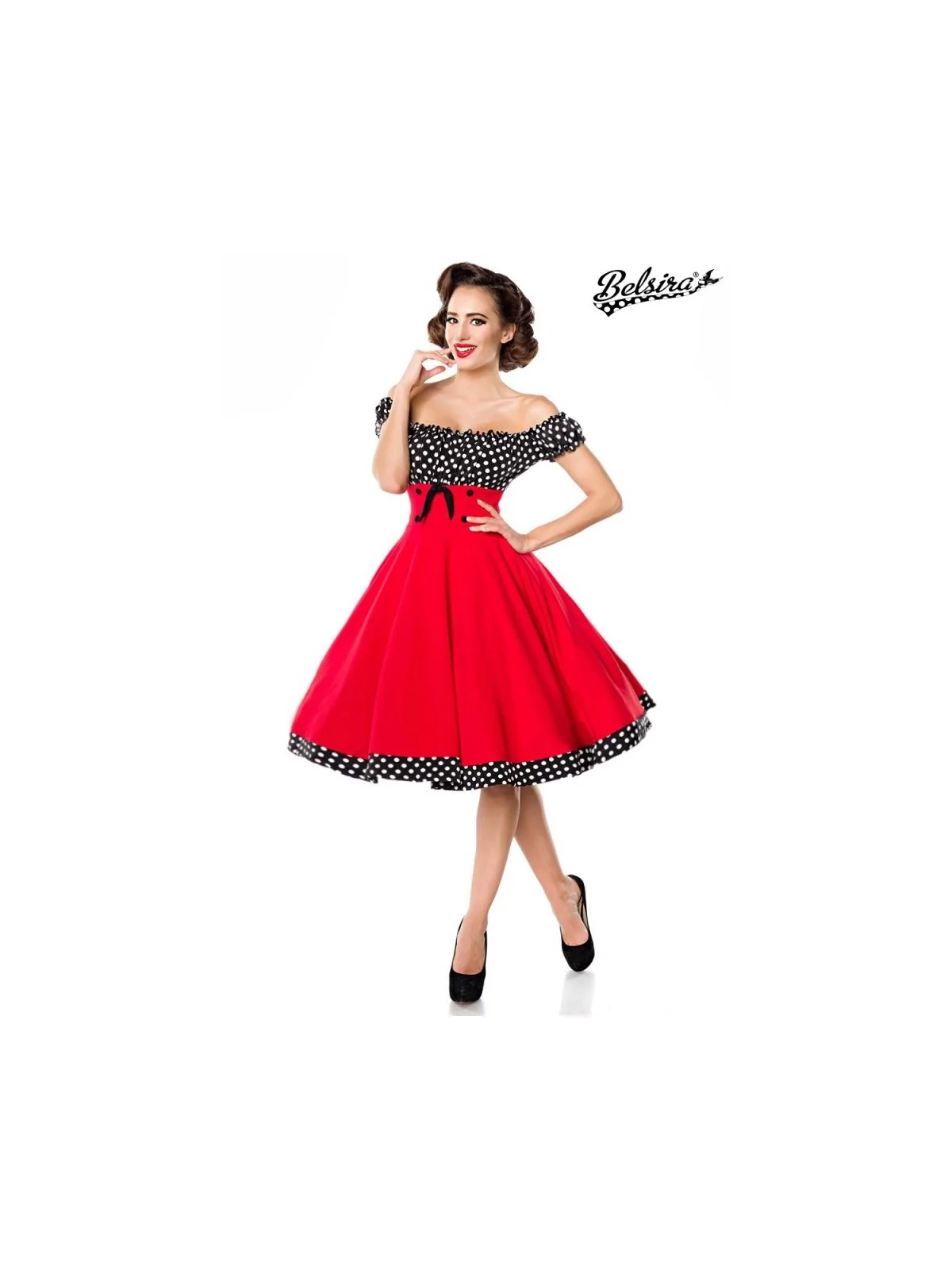 Schulterfreies Swing-Kleid Rot/Schwarz/Weiß von Belsira