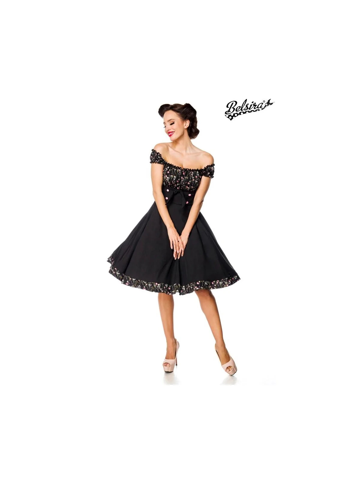 Schulterfreies Swing-Kleid Schwarz/Rosa von Belsira