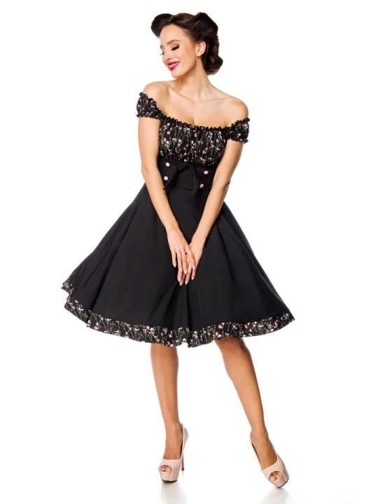 Schulterfreies Swing-Kleid Schwarz/Rosa von Belsira