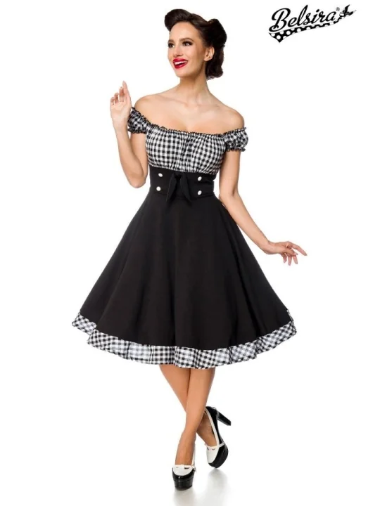 Schulterfreies Swing-Kleid Schwarz/Kariert von Belsira