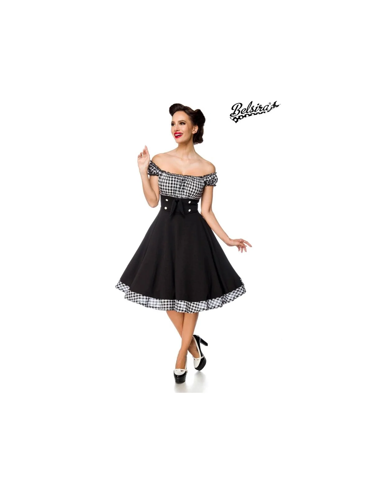 Schulterfreies Swing-Kleid Schwarz/Kariert von Belsira