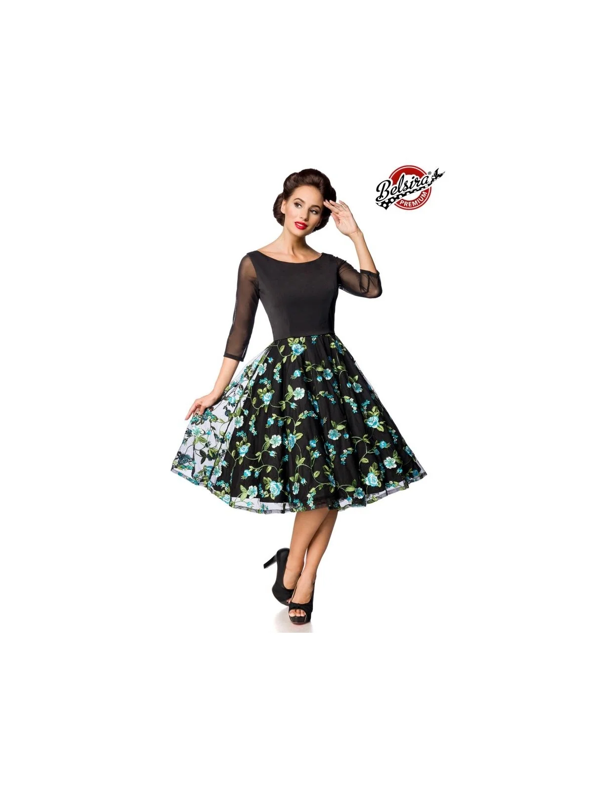 Premium besticktes Vintage-Swingkleid schwarz/blau von Belsira