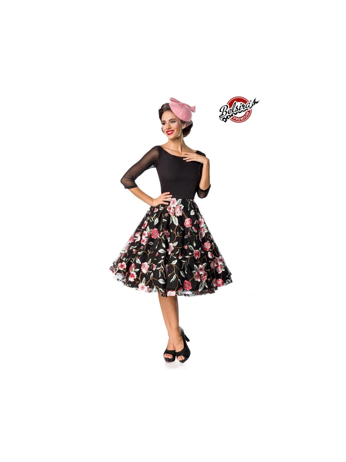 Premium Besticktes Vintage-Swingkleid Schwarz/Rosa von Belsira