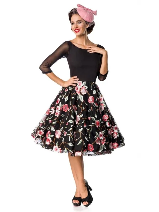 Premium Besticktes Vintage-Swingkleid Schwarz/Rosa von Belsira