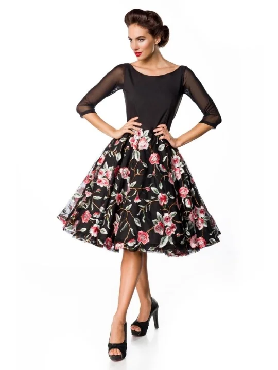 Premium Besticktes Vintage-Swingkleid Schwarz/Rosa von Belsira