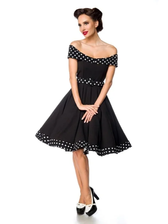 schulterfreies Swing-Kleid mit Gürtel schwarz von Belsira