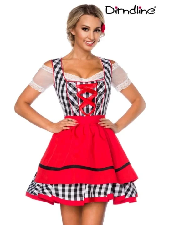 Traditionelles Minidirndl schwarz/weiß/rot von Dirndline