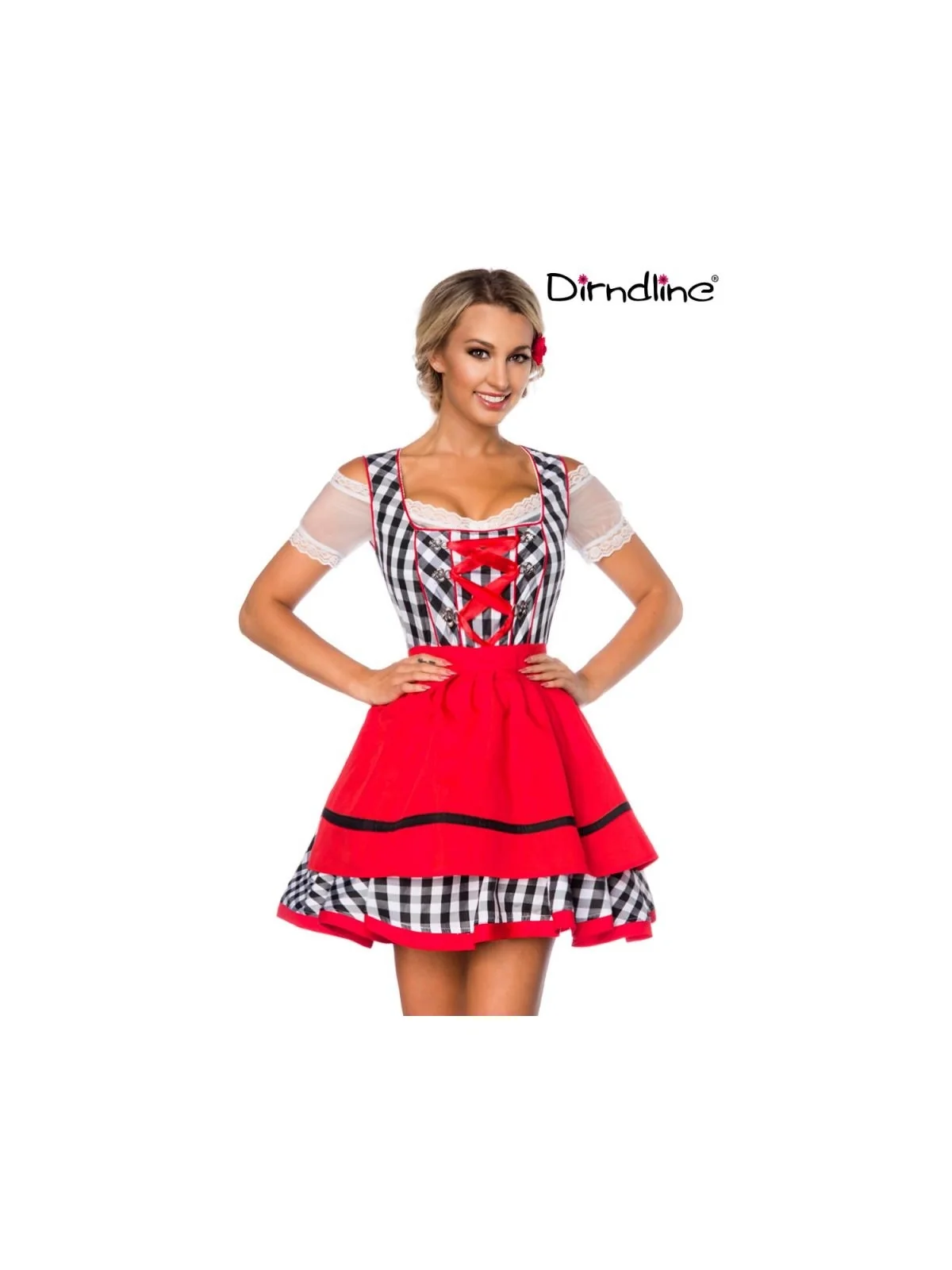 Traditionelles Minidirndl schwarz/weiß/rot von Dirndline