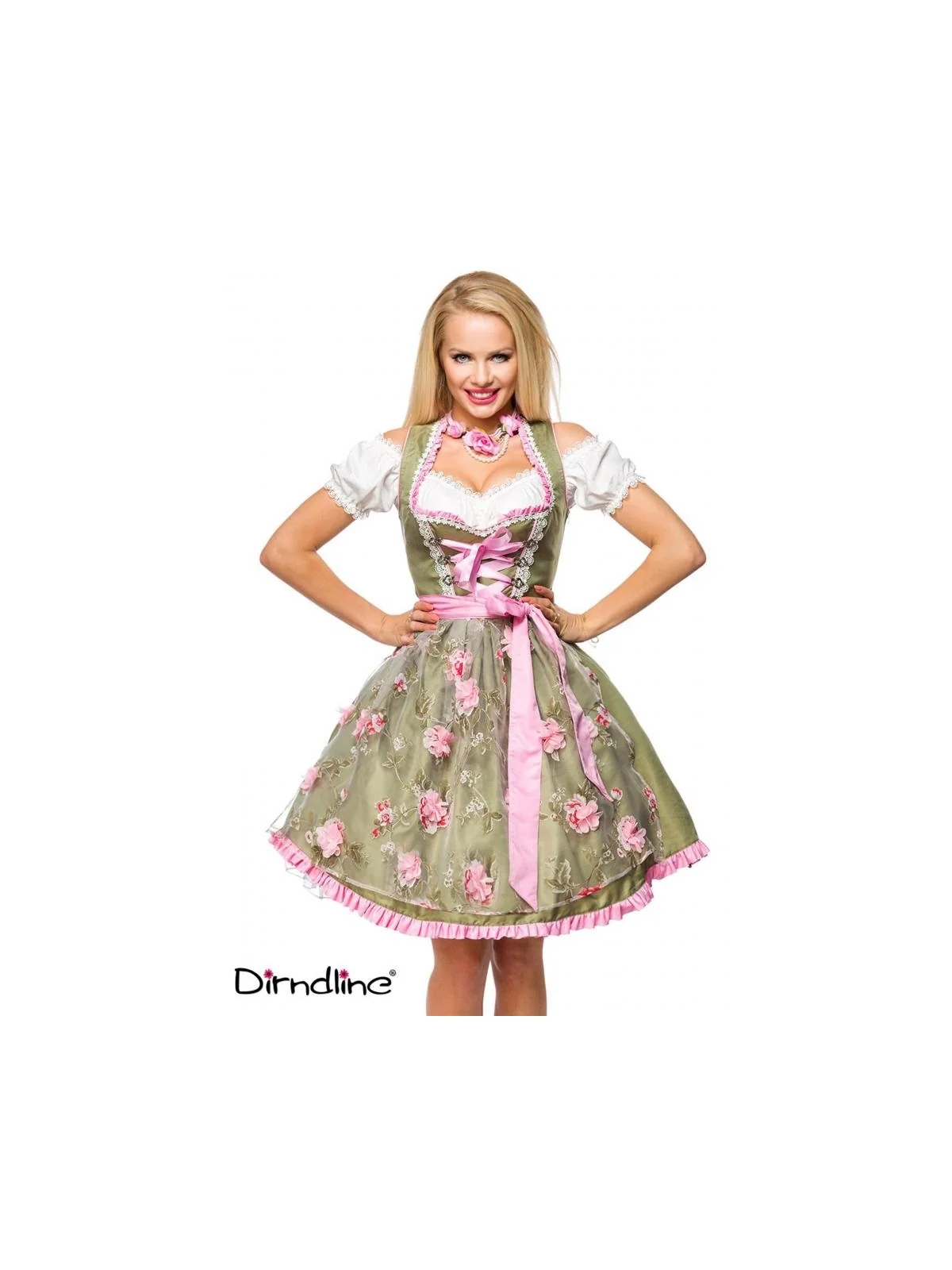 Dirndl mit Blumenschürze grün/pink von Dirndline