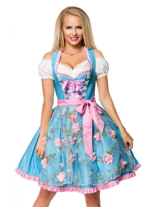 Dirndl mit Blumenschürze blau/pink von Dirndline