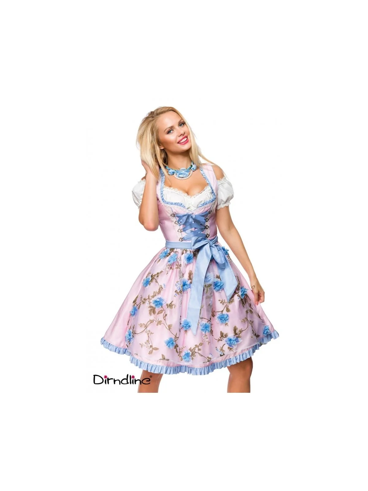 Dirndl mit Blumenschürze rosa/blau von Dirndline