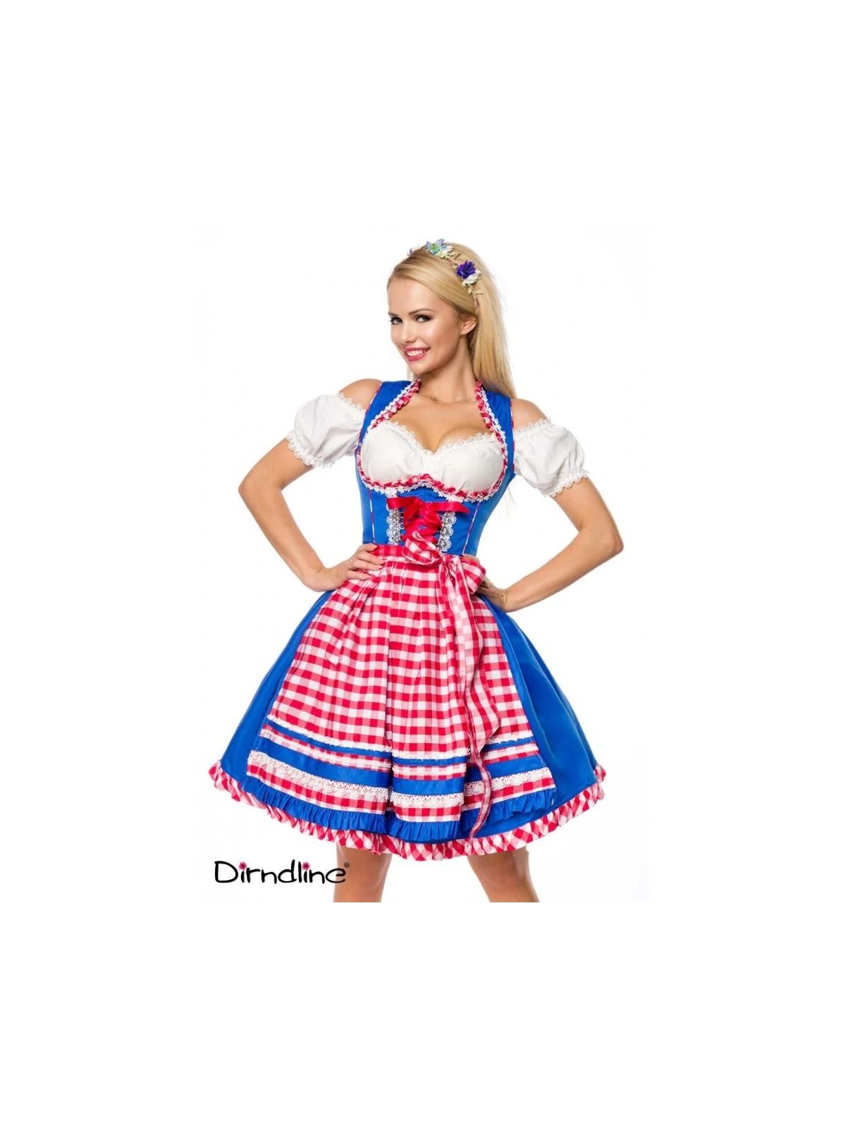 Unterbrustdirndl mit Karoschürze blau/rot/weiß von Dirndline