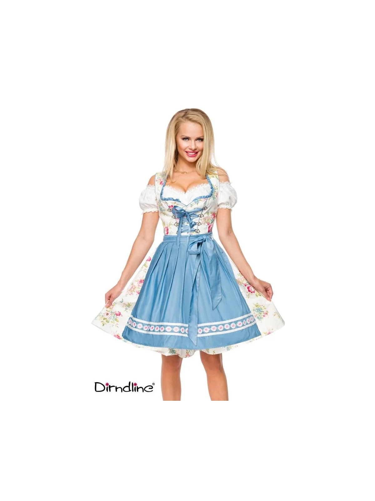 Romantisches Blümchen-Dirndl weiß/blau von Dirndline