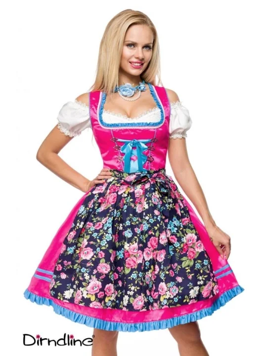 Dirndl mit Blumenschürze pink/gemustert von Dirndline