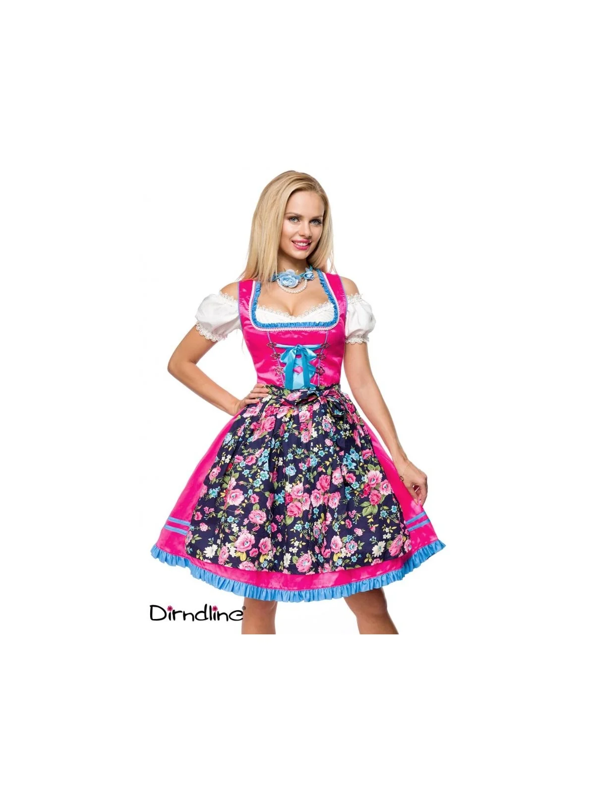 Dirndl mit Blumenschürze pink/gemustert von Dirndline