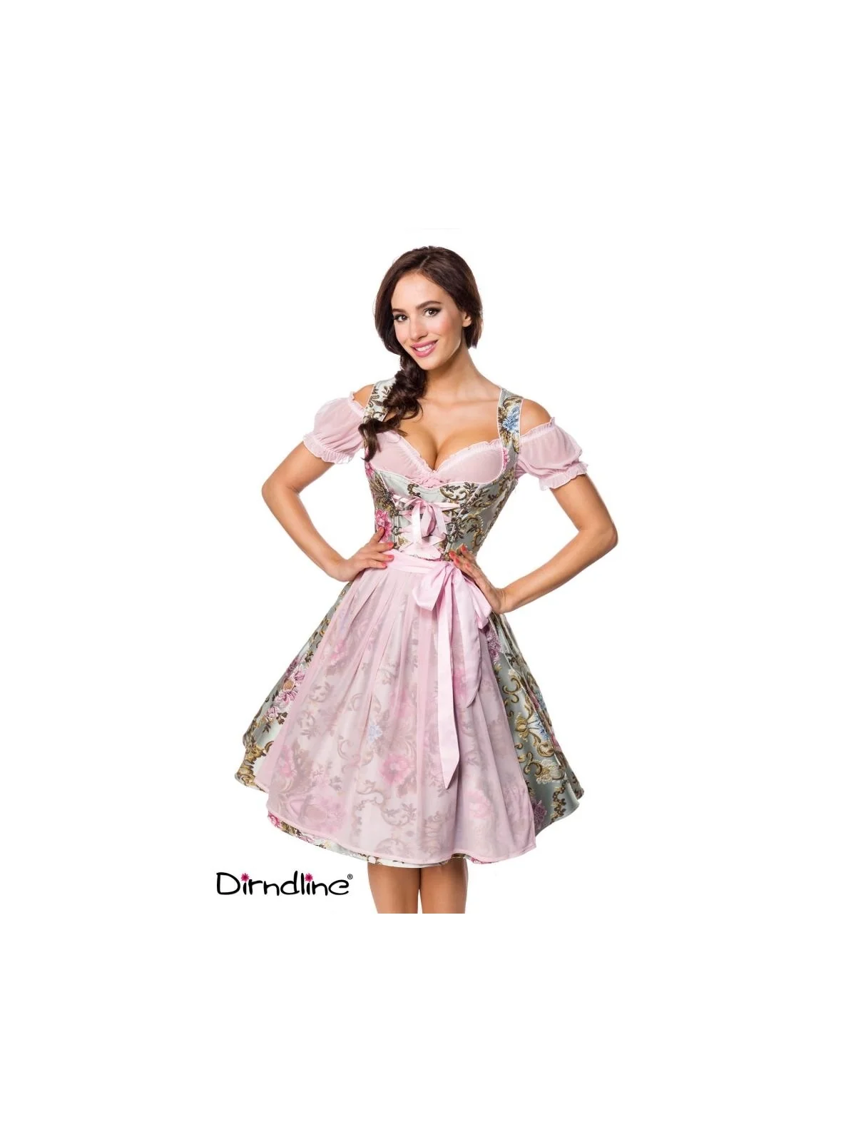 Premium Brokat-Dirndl inkl. Bluse rosa/gemustert von Dirndline