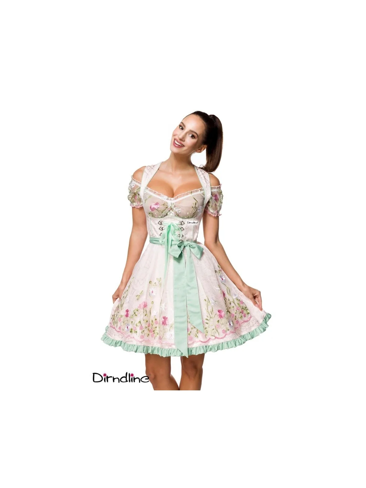 Mini-Brokat-Dirndl inkl Spitzenbluse türkis/rosa von Dirndline