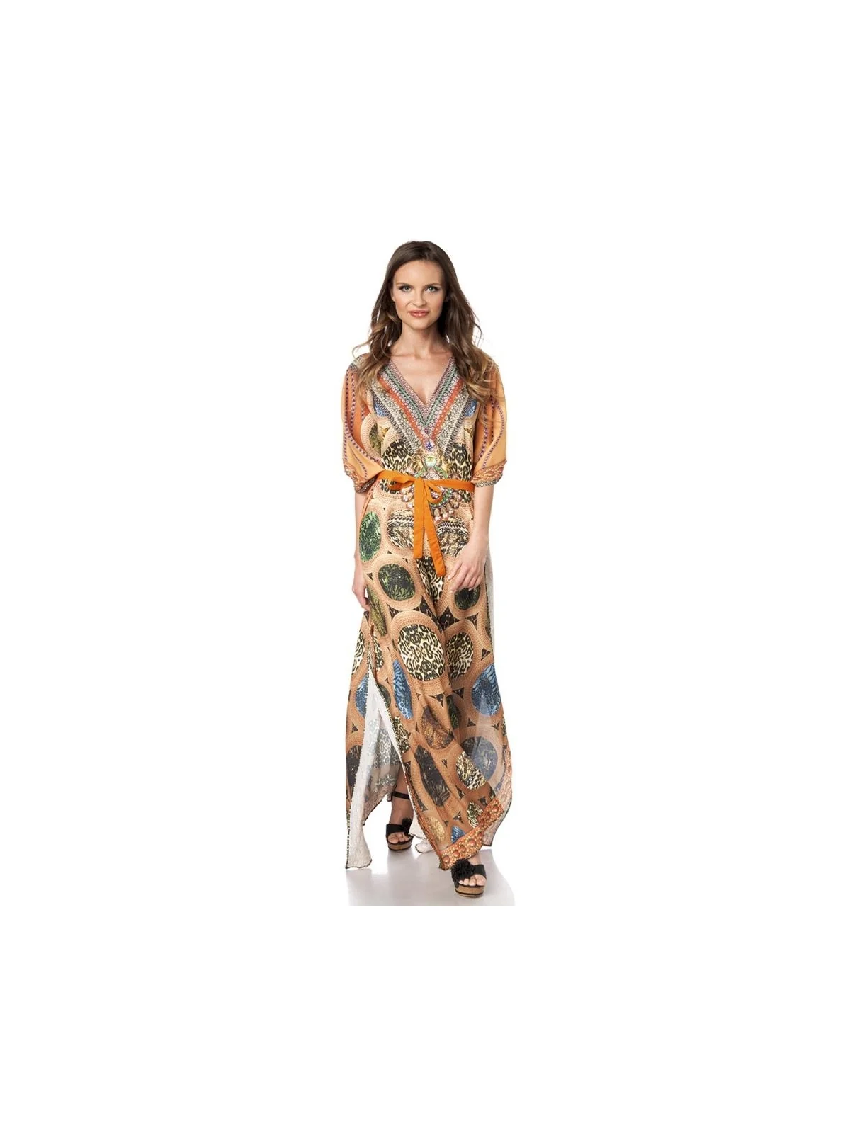 Premium-Kaftan mit Strass karamell/beige/grün