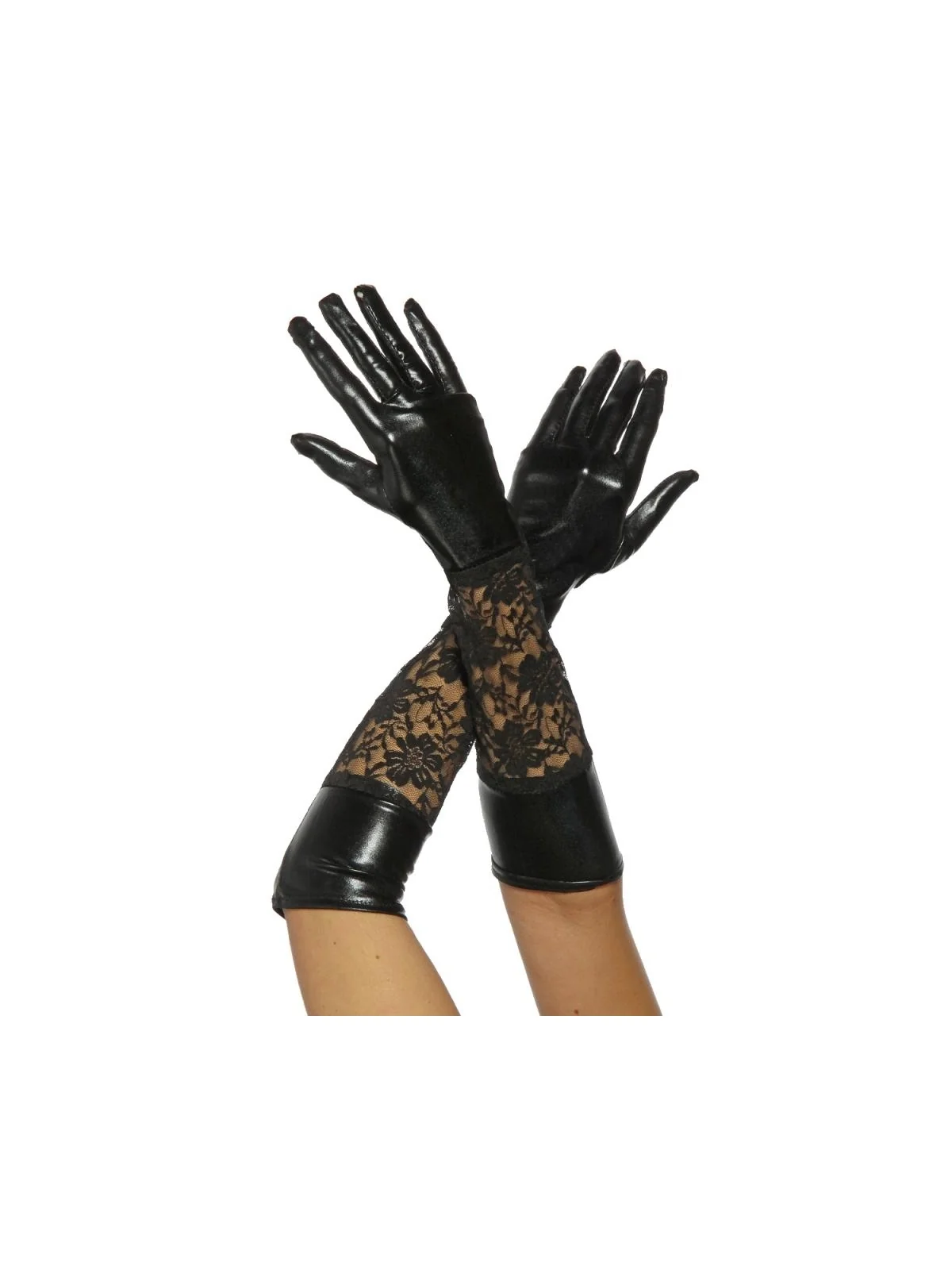 Wetlook-Handschuhe mit Spitze schwarz