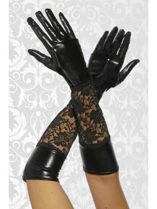 Wetlook-Handschuhe mit Spitze schwarz