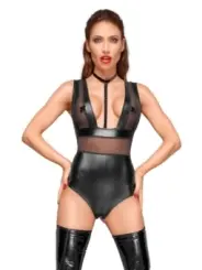 ♥ Powerwetlook Body mit Tülleinsätzen und Choker Aus Zartem Samt F183 ♥