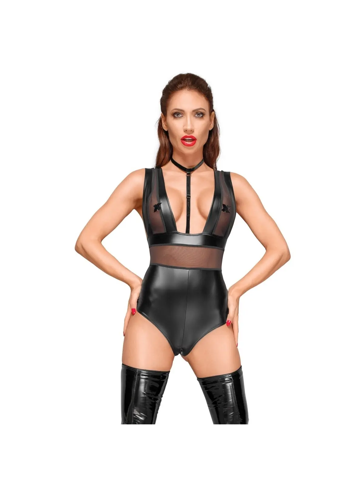 ♥ Powerwetlook Body mit Tülleinsätzen und Choker Aus Zartem Samt F183 ♥