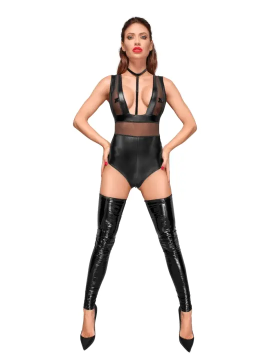 ♥ Powerwetlook Body mit Tülleinsätzen und Choker Aus Zartem Samt F183 ♥