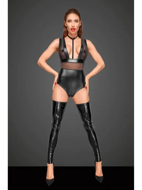 ♥ Powerwetlook Body mit Tülleinsätzen und Choker Aus Zartem Samt F183 ♥