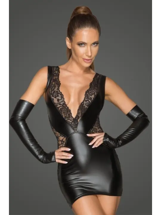 ♥ Powerwetlook und Spitzenminikleid mit Tiefem Ausschnitt F212 von Noir Handmade Rebellious Collection ♥