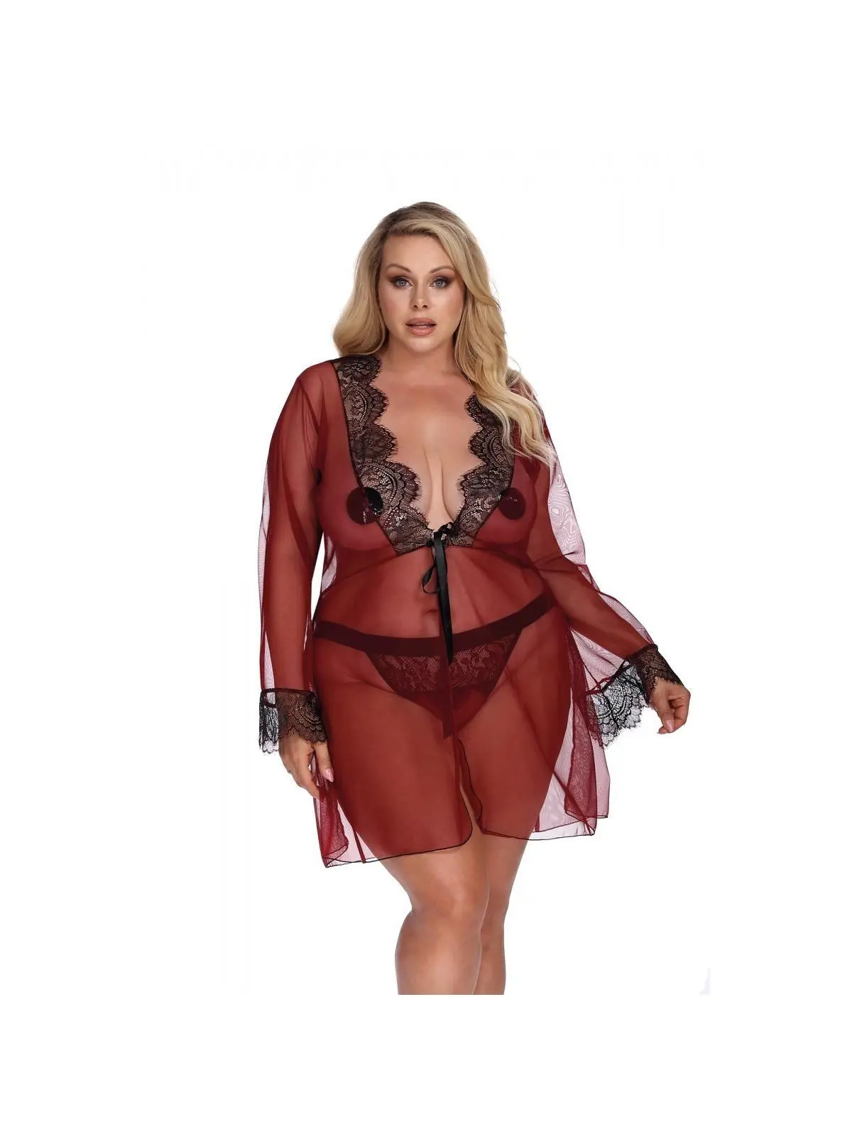 ♥ Dunkelroter Morgenrock mit Spitze Aa052931 von Anais Apparel Plus Size ♥