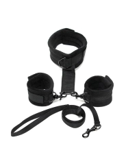 Handschellen an Halsband mit Leine, verstellbar, schwarz von Bondage Play