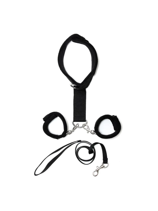 Handschellen an Halsband mit Leine, verstellbar, schwarz von Bondage Play