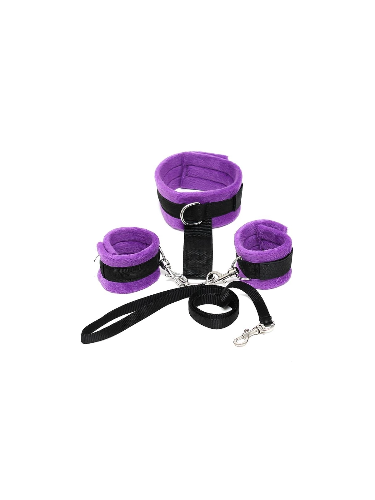 Handschellen an Halsband mit Leine, verstellbar und abnehmbar, lila von Bondage Play