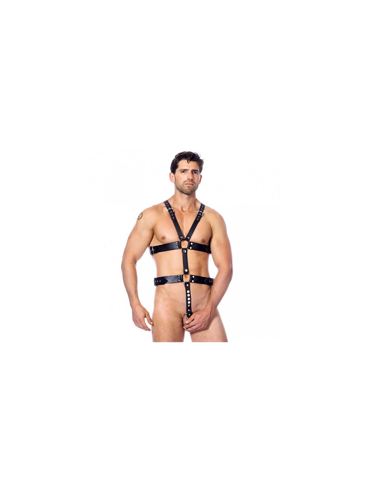 Verstellbarer Lederharness mit Ringen von Bondage Play