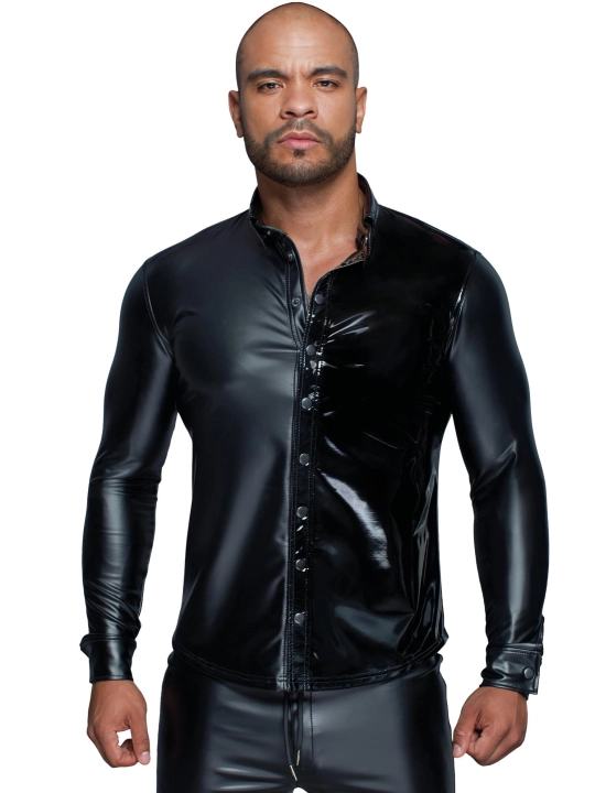 Langärmliges Powerwetlook & Pvc Shirt mit Knopfleiste H064 von Noir Handmade Missbehaved Collection