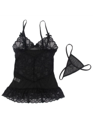 BABYDOLL MIT VERSTELLBAREN TRÄGERN UND TRANSPARENTER SPITZE MIT BLUMENDRUCK SCHWARZ VON SUBBLIME