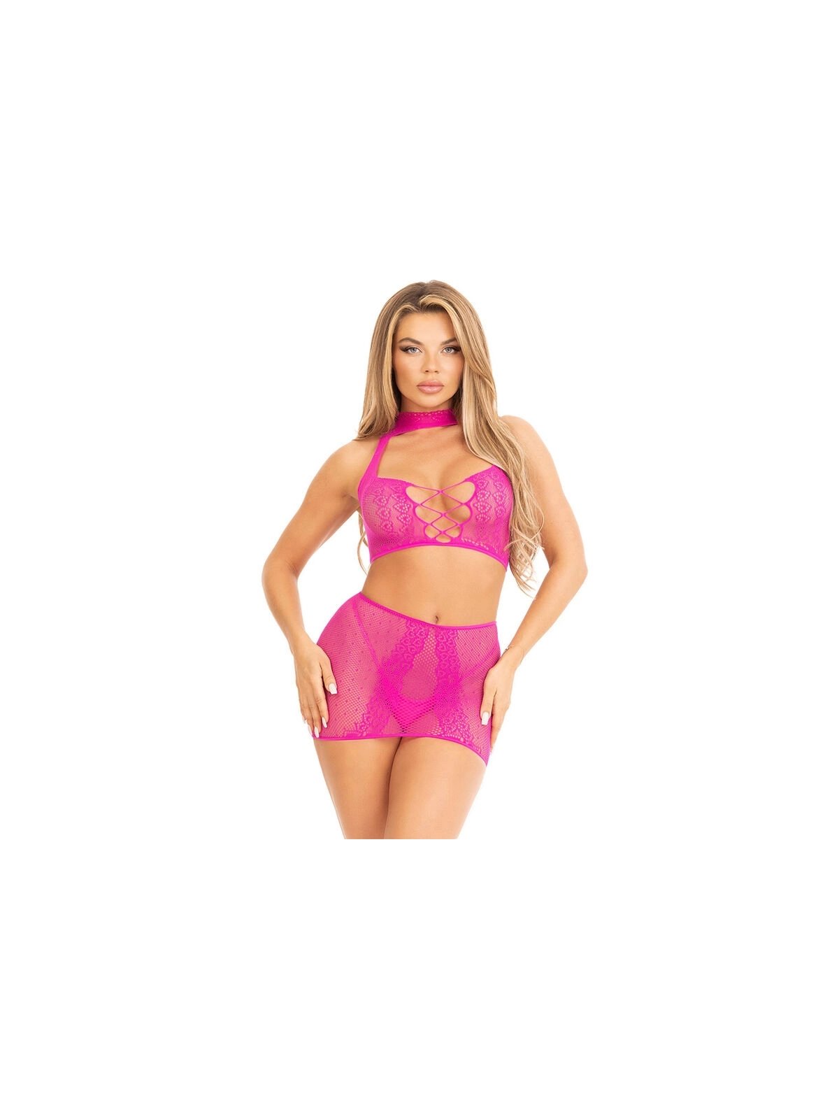 Offenes Spitzentop und -ROCK in Fuchsia von Leg Avenue Sets