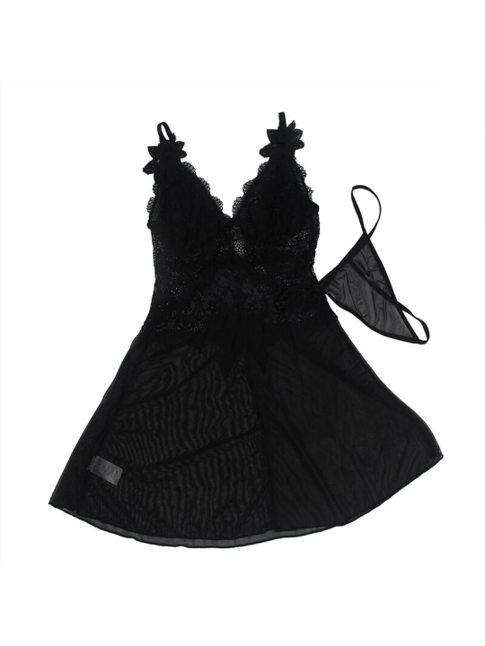 BABYDOLL-TÜLLSTOFF MIT SPITZE UND BLUMENDETAIL SCHWARZ VON SUBBLIME